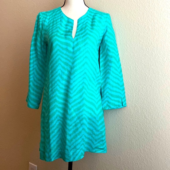 LILLY PULITZER GREEN AND BLUE CHEVRON LINEN LONG SLEEVE TUNIC COVERUP TOP - Picture 2 of 8
